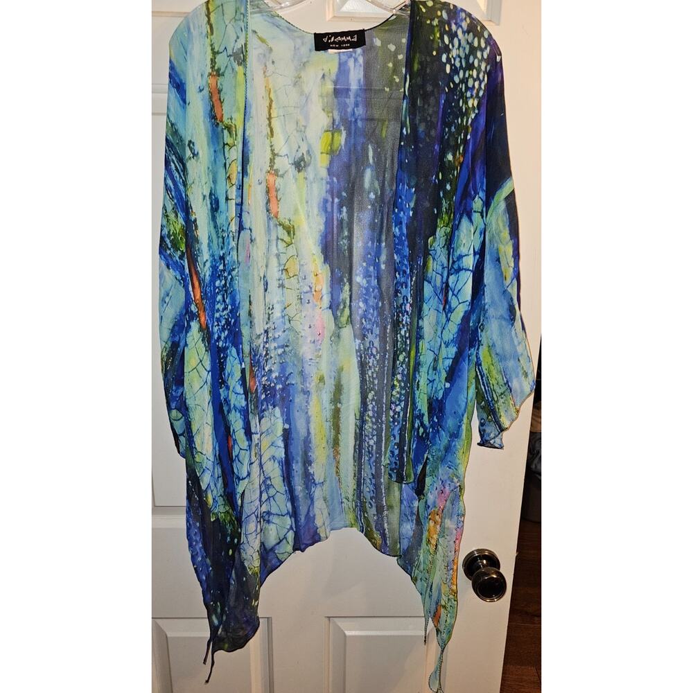 DILEMMA HAND PAINTED ART TO WEAR KIMONO OS+! - Abstract Blues and greens